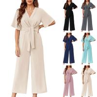 Yousify Womens Wide Leg Jumpsuits Short Sleeve Tie Knot Front Summer casual cute Long Romper