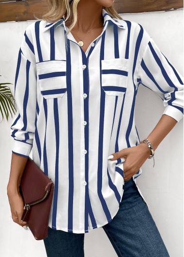 Modlily Blue Button Striped Long Sleeve Shirt - L