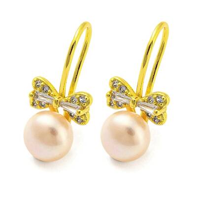 Cubic Zirconia Bowknot Dangle Earrings with Natural Pearl