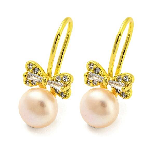 Cubic Zirconia Bowknot Dangle Earrings with Natural Pearl