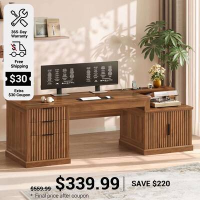 SEDETA | 70.9 Inch Fluted Executive Desk with Storage Cabinet Power Outlet Fluted Computer Desk with 3 Drawers for Home Offic...