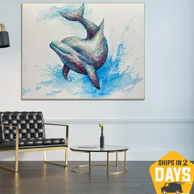 Abstract Dolphin Oil Painting Colorful Artwork Underwater Animal Wall Art Decor for Bedroom | DOLPHIN BERNIE 40"x50"...