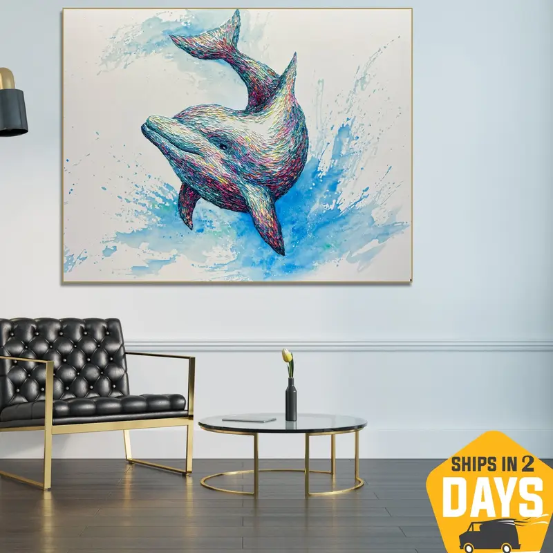Abstract Dolphin Oil Painting Colorful Artwork Underwater Animal Wall Art Decor for Bedroom | DOLPHIN BERNIE 40"x50"...