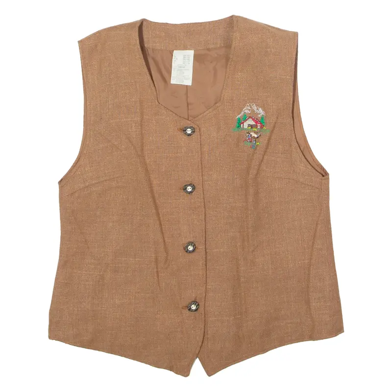 Farm Embroidery Womens Waistcoat Brown Viscose 90s M