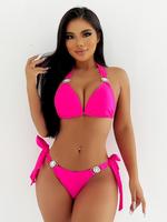 Women's Rhinestone Decor Tie Back Bikinis Set, Solid Color Halter Triangle Swim Top & Tie Side Swim Bottom, Ladies Summer Swi...