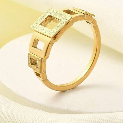 Textured Hollow Rectangle 304 Stainless Steel Finger Ring for Women