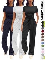 Women's Solid Round Neck Tee & Pants Loungewear Two/Six Piece Set, Lady Casual Comfy Pyjama Set for Women, Comfy Loungewear S...
