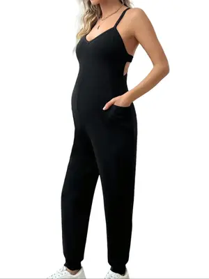 Maternity Solid Backless Pocket Jumpsuit, Casual Comfy Sleeveless Jumpsuit for Spring & Fall, Maternity Clothes for Daily Wea...