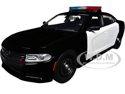 2023 Dodge Charger Pursuit Police Car Black and White with Flashing Light Bar, Front and Rear Lights and 2 Sounds Builder's ...