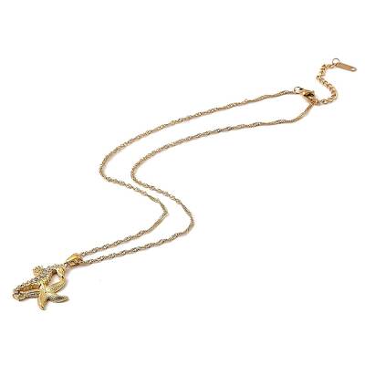 304 Stainless Steel Crystal Rhinestone Seahorse & Starfish Pendant Rope Chain Necklaces for Women