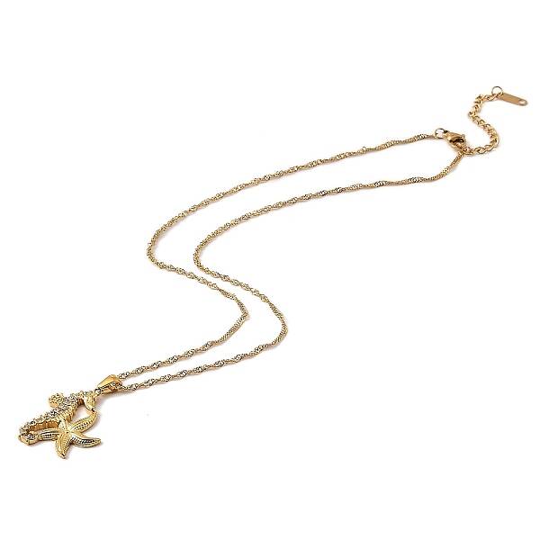 304 Stainless Steel Crystal Rhinestone Seahorse & Starfish Pendant Rope Chain Necklaces for Women