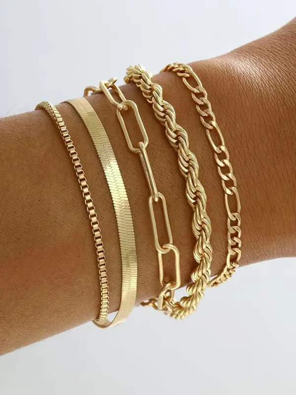 5pcs/set Street Fashion Chain Bracelet for Party, Twist Design Hand Jewelry for Girl Boys, Elegant All-match Fashion Accessor...