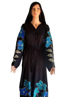 Abaya Blue Silver Flower Rhinestone Black Dress with Floral Embellishments and Rhinestone Accents