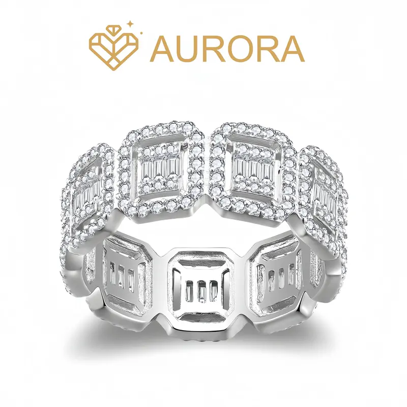 【#115 Royal Grid】Moissanite Stackable band ring enhancer Ring Band with 925 Sterling Silver Synthetic Moissanite