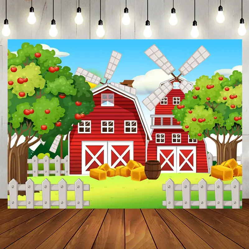Cartoon Red House Trees Fence Baby Shower Backdrop - Aperturee