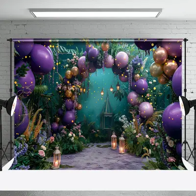 Greenery Purple Arch Balloons Cake Smash Backdrop