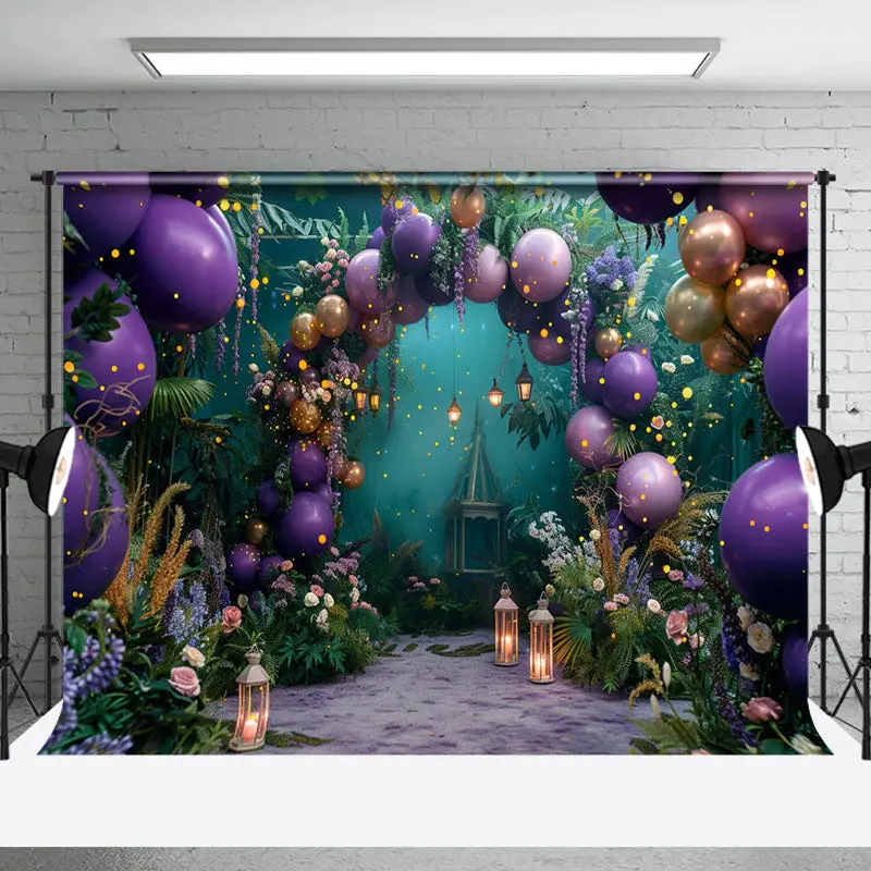 Greenery Purple Arch Balloons Cake Smash Backdrop