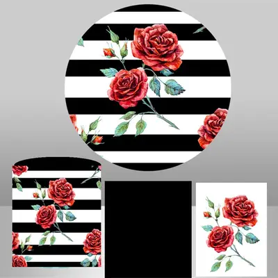 Aperturee Roses Black White Stripe Birthday Round Backdrop Kit | Round Backdrop Fabric Cover | Custom Round Backdrop | Circle...