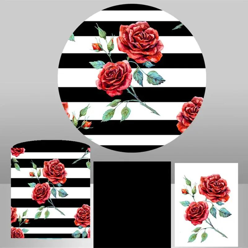 Aperturee Roses Black White Stripe Birthday Round Backdrop Kit | Round Backdrop Fabric Cover | Custom Round Backdrop | Circle...