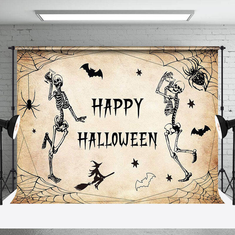 Spider Web Dancing Skeleton Happy Halloween Backrop - Aperturee