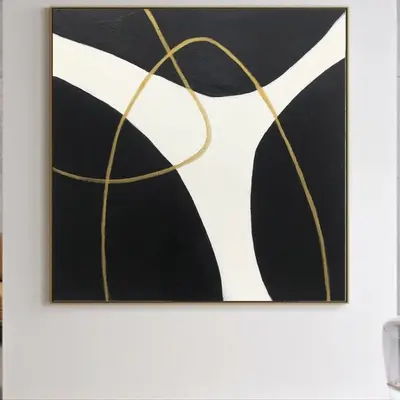 Abstract Black And White Wall Art Minimalist Paintings On Canvas Abstract Golden Lines Art Wall Painting Modern Fine Art | GO...