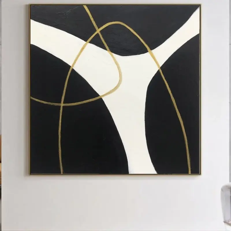 Abstract Black And White Wall Art Minimalist Paintings On Canvas Abstract Golden Lines Art Wall Painting Modern Fine Art | GO...