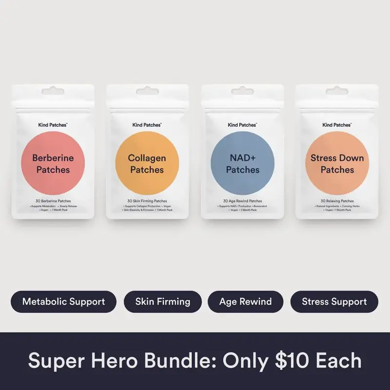 Kind Patches Super Hero Bundle: Berberine, Collagen, NAD+, Stress Down Patches, Natural Ingredients, Vegan