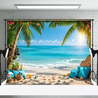 Trees Floral Sandy Beach Starfish Summer Backdrop - Aperturee