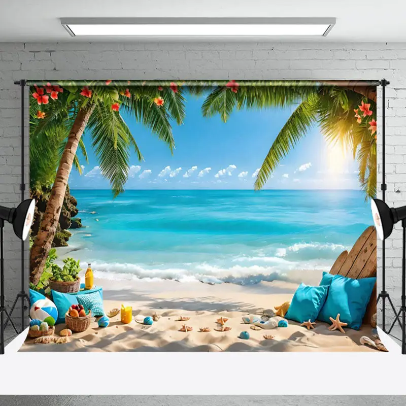 Trees Floral Sandy Beach Starfish Summer Backdrop - Aperturee