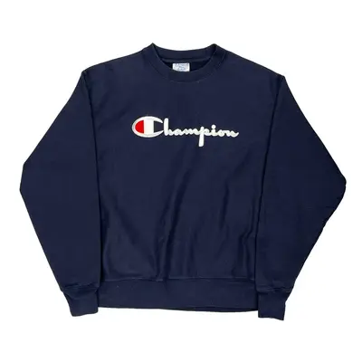 Reverse Weave Champion Spellout Sweatshirt - Large Navy Cotton Blend