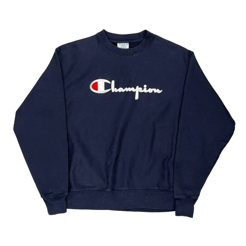 Reverse Weave Champion Spellout Sweatshirt - Large Navy Cotton Blend
