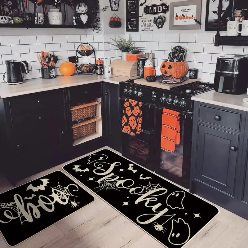 Boo Letter & Ghost Pattern Kitchen Mat, 2 Counts/set Halloween Themed  Kitchen Rug, Non-slip Floor Mat for Home Living Room B...