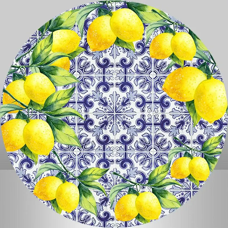 Aperturee Spanish Porcelain Pattern Lemon Round Birthday Backdrop | Circle Party Backdrop | Round Birthday Backdrop Cover | R...