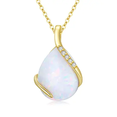 14K Gold Moissanite & Opal Drop Shape Pendant Necklace