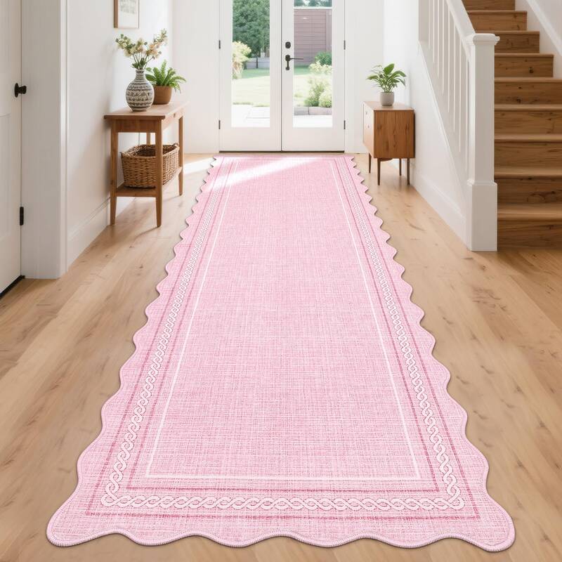 Garvee Scalloped Washable Runner 2x8 Rugs for Entryway Non Slip Kitchen Runner Pink Bathroom Rugs Low Pile Hallway Rug Stain ...