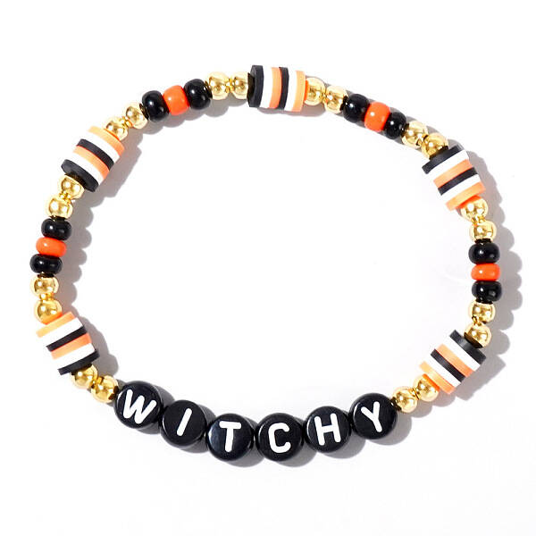 Adjustable Halloween Punk Style WITCHY Polymer Clay & Brass Stretch Beaded Bracelets in Black