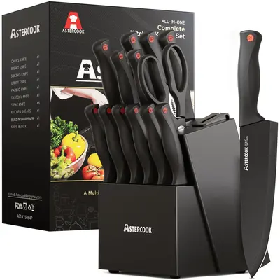 Astercook 14 Piece Knife Set with Built-in Sharpener, Non-Stick Black Hard Wood, Dishwasher Safe, Stainless Steel, Multipurpo...
