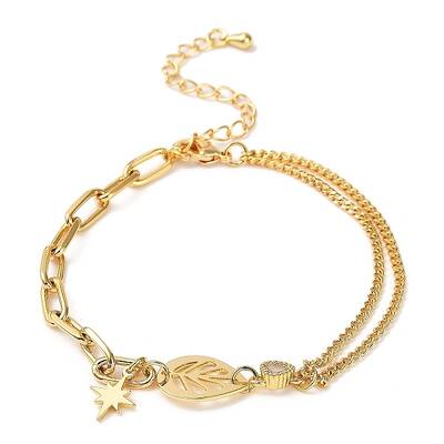 Leaf Brass Micro Pave Cubic Zirconia Link Bracelets