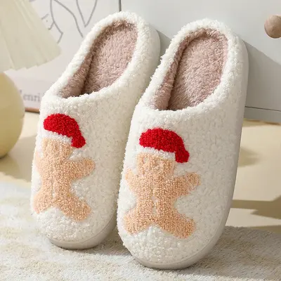 Christmas Home Slippers Cute Cartoon Santa Claus Cotton Slippers For Women And Men Couples Winter Warm Furry Shoes | Color: G...