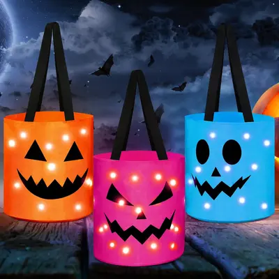 3/4 Pcs Halloween Candy Bucket with LED Lights Non Woven Gift Bags Trick or Treat Bags Pumpkin Candy Bags Reusable Tote Bags ...