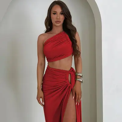 maxi dress with slit one shoulder dress two piece skirt set Sexy red one shoulder dress