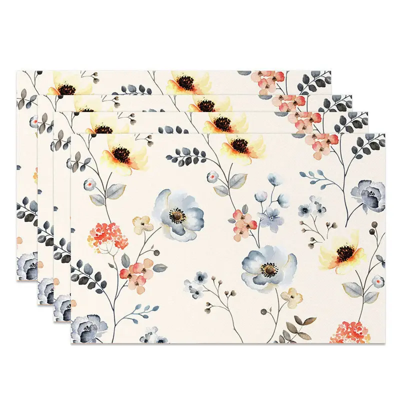 Blue Floral Watercolor Leaves Set Of 4 Placemats - Aperturee