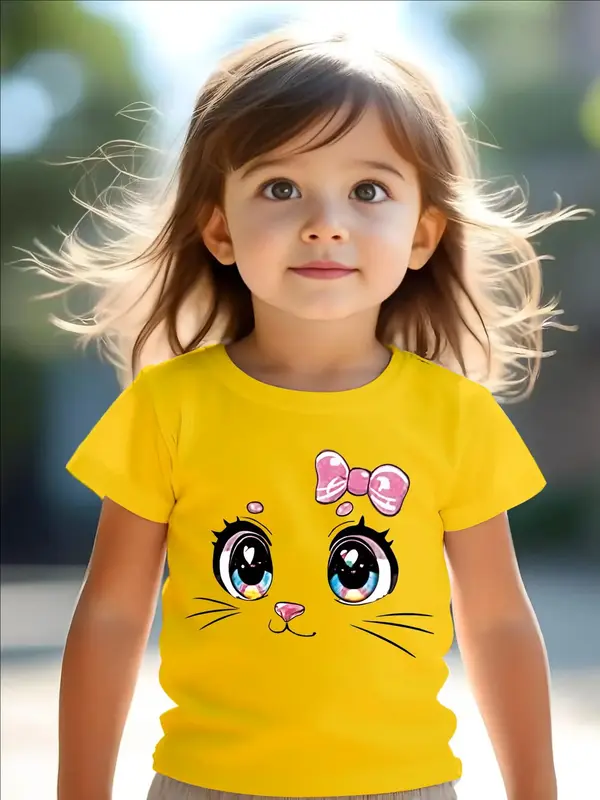 Cute Cat Print Round Neck Tee, Casual Short Sleeve T-shirt for Summer, Kids Clothes for Daily Wear, Casual Tee Tops, Funny Gr...