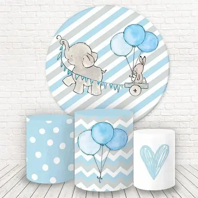 Aperturee Grey Elephant And Blue Balloons Round Birthday Backdrop Kit | Round Party Backdrop | Circle Backdrops For Birthday ...