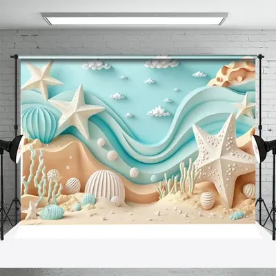 3D Wavy Cloud Undersea Shell Corals Summer Backdrop - Aperturee