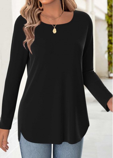Modlily Black 3/4 Sleeve Square Neck T Shirt - L