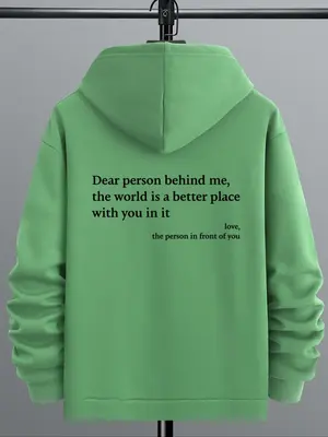 Men's Slogan Print Drop Shoulder Kangaroo Pocket Hoodie, Fashion Drawstring Sweatshirt for Daily Holiday Outdoor Wear, Men Cl...