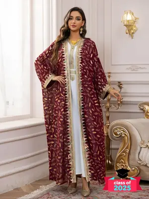 Women's Plain Embroidered Chiffon Abaya without Hijabs, Elegant Long Sleeve Open Front Modesty Abaya for Party Holiday, Ladie...