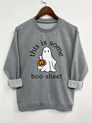 Women's Halloween Themed Cartoon Ghost & Letter Print Drop Shoulder Sweatshirt, Casual Long Sleeve Round Neck Pullover for ...