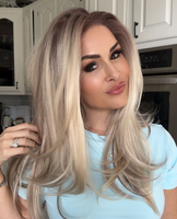 A33 by AISOM Wear And Go Glueless Wigs 16” Layered Straight Synthetic Wig Bright Blonde Highlights Ombre Lace Front Wigs fo...